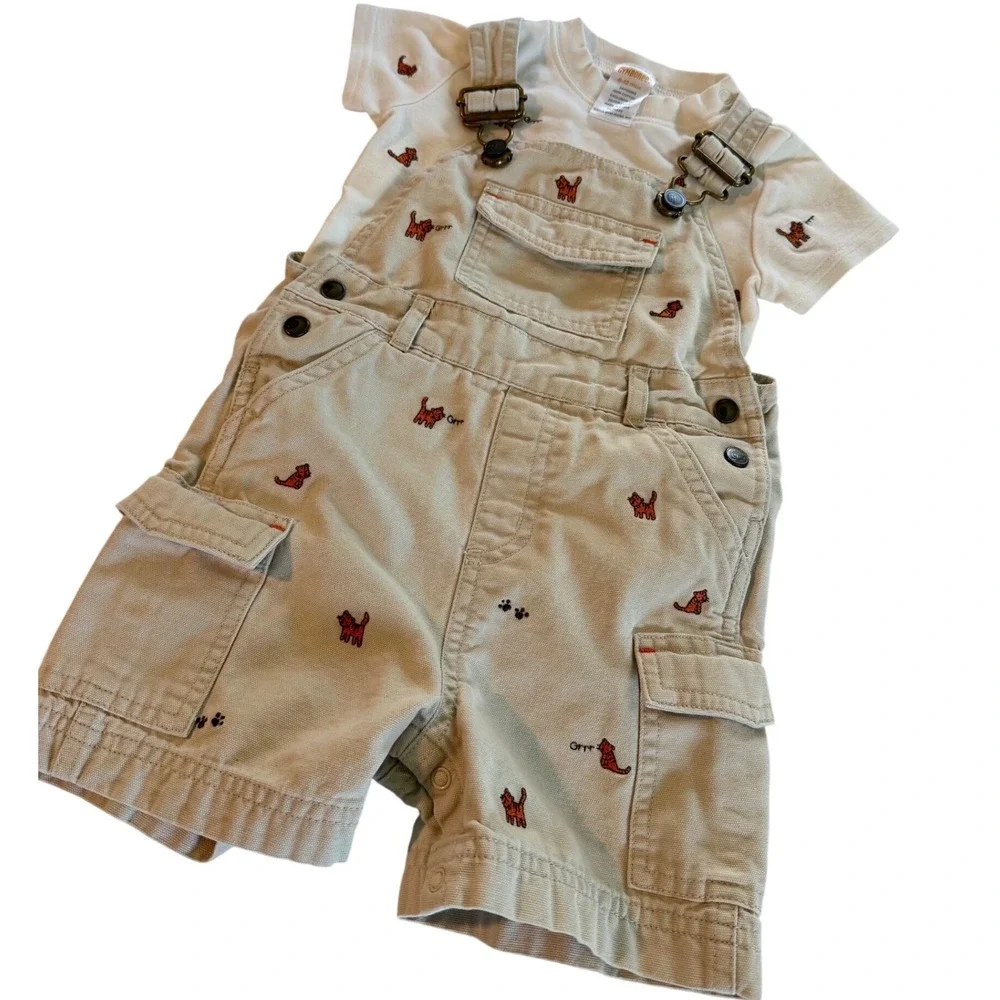 VTG Gymboree Baby Boy 2pc Set Khaki Tiger Embroidered Cargo Overalls Shirt 6-12M
